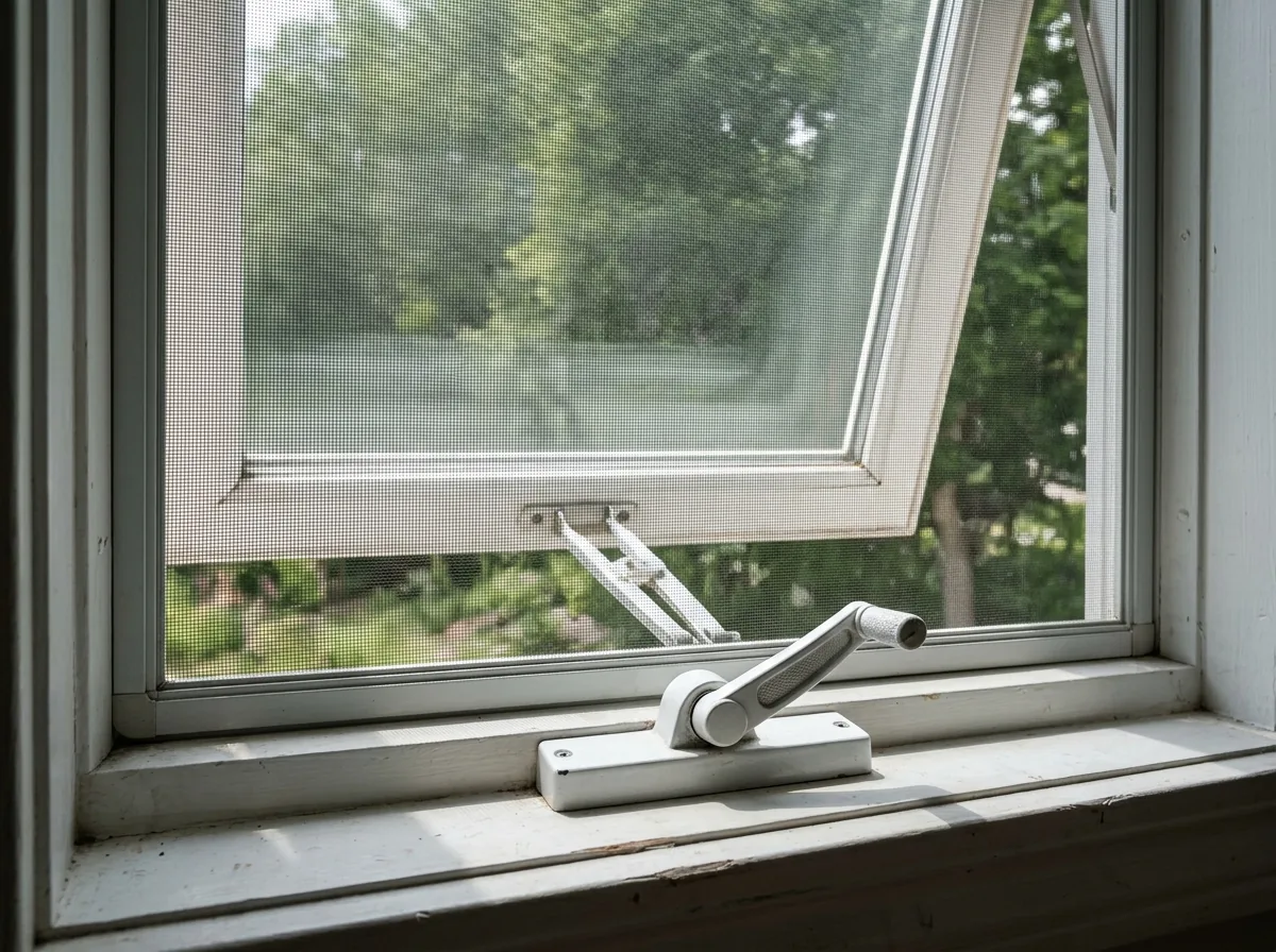 Close-up of a dual-arm crank operator on the sill of an open awning window, with an insect screen mounted on the interior side of the frame