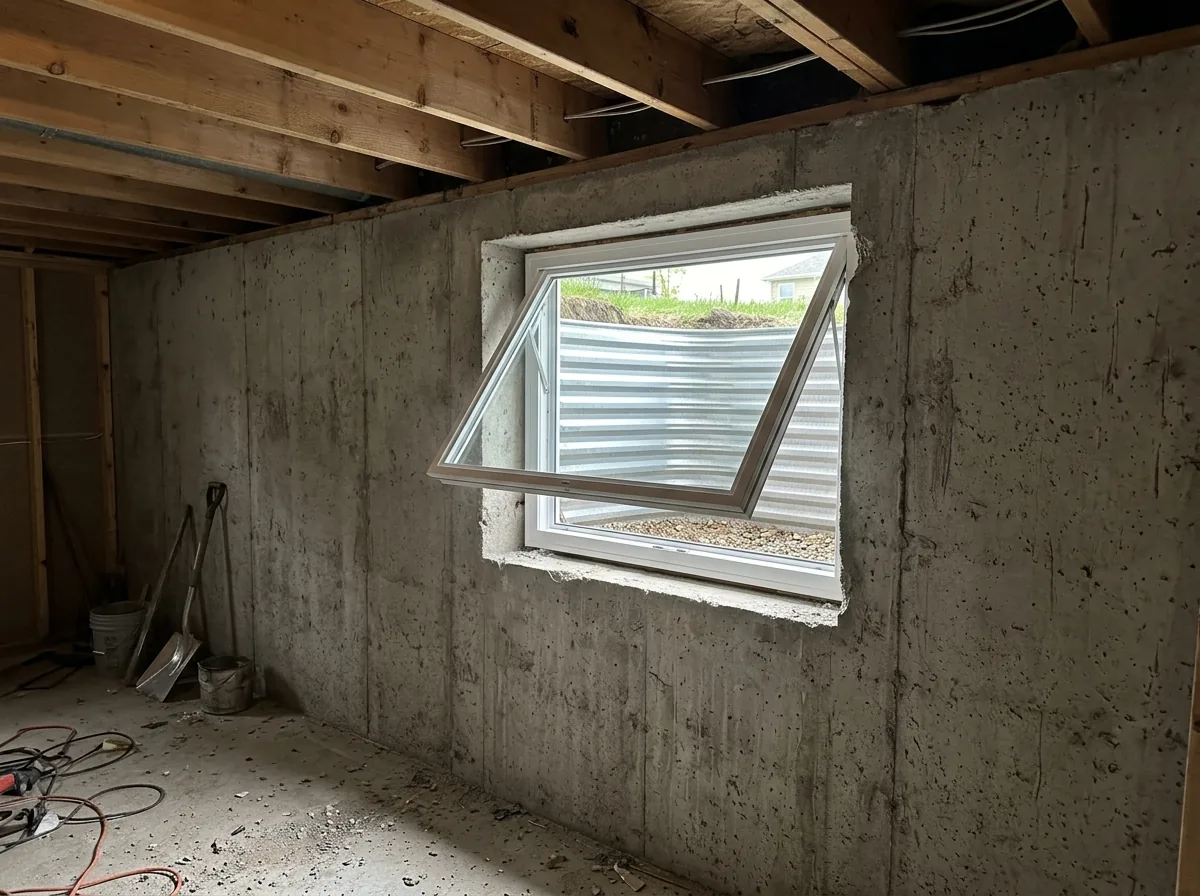 A small white awning window tilted outward in a poured concrete basement wall, seen from inside the basement, with daylight coming in