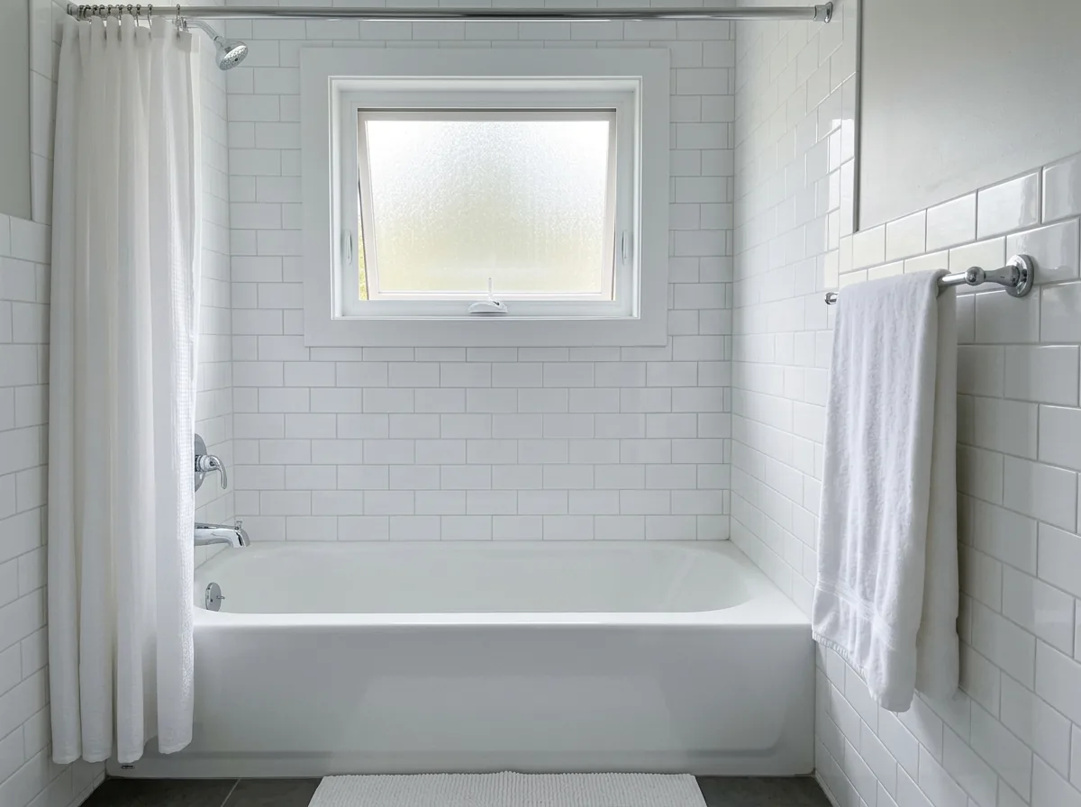 A small awning window with textured frosted glass set high on a white-tiled bathroom wall above a tub, tilted slightly open