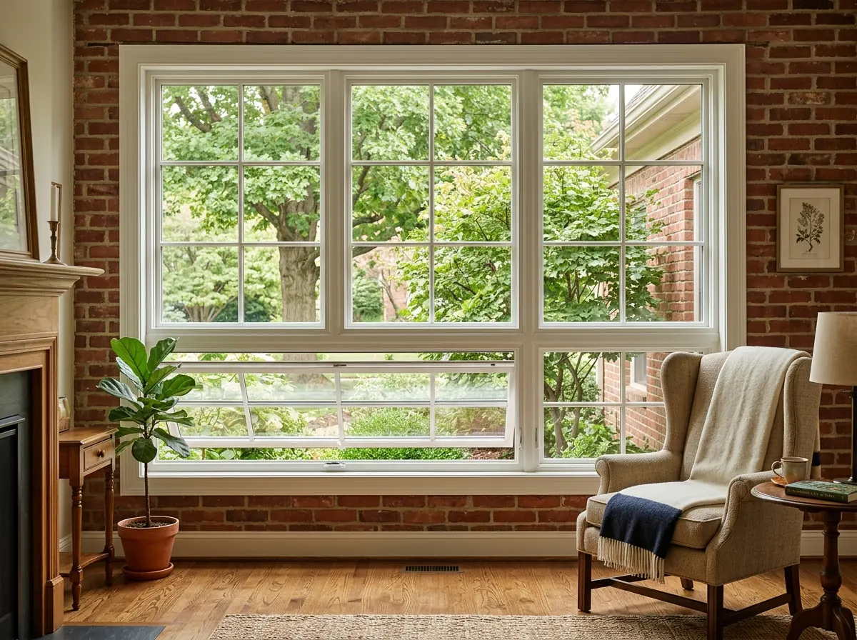 A large fixed picture window with a matching awning window mulled below it, the awning tilted open, in a living room with wood floors