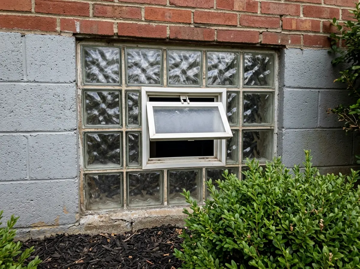 A glass block basement window panel in a block foundation wall, its wavy blocks letting in diffused light, with a small rectangular hinged vent set into the middle of the panel
