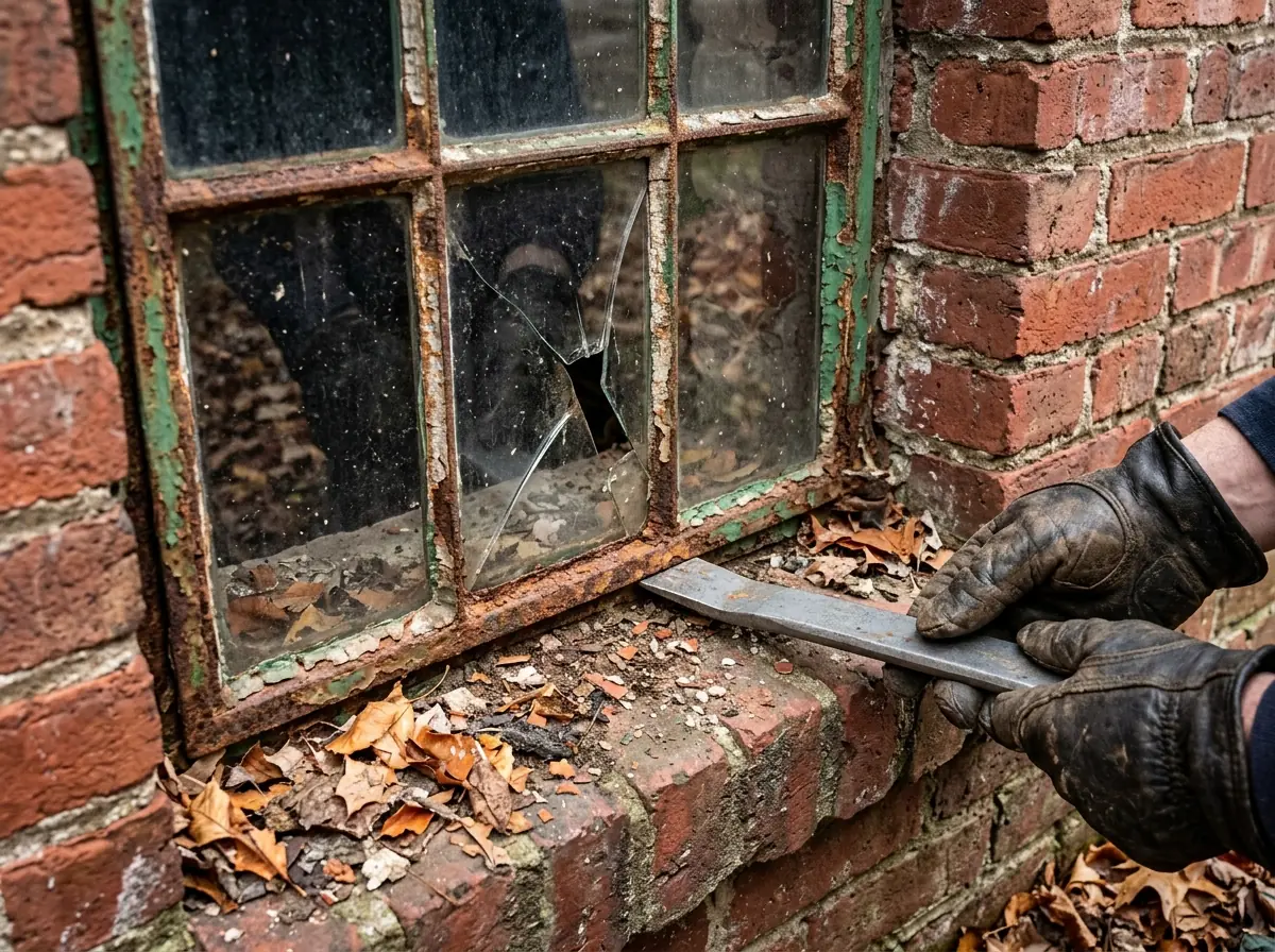 A corroded original steel basement window frame with flaking paint and a cracked single pane in a brick foundation, gloved hands prying out the old sash