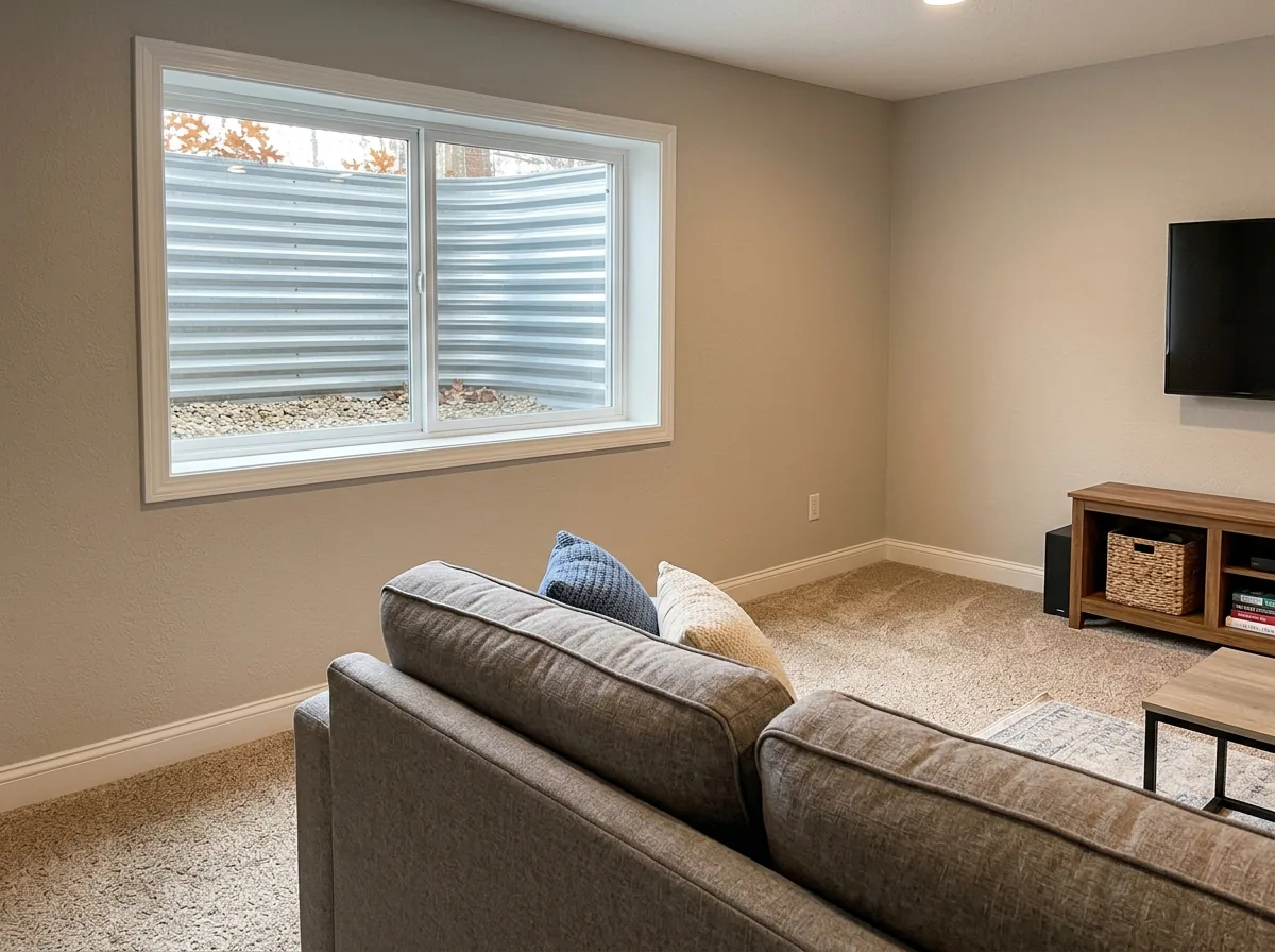 A wide, short white two-lite sliding window in a finished basement family room, one sash slid open, a window well visible through the glass