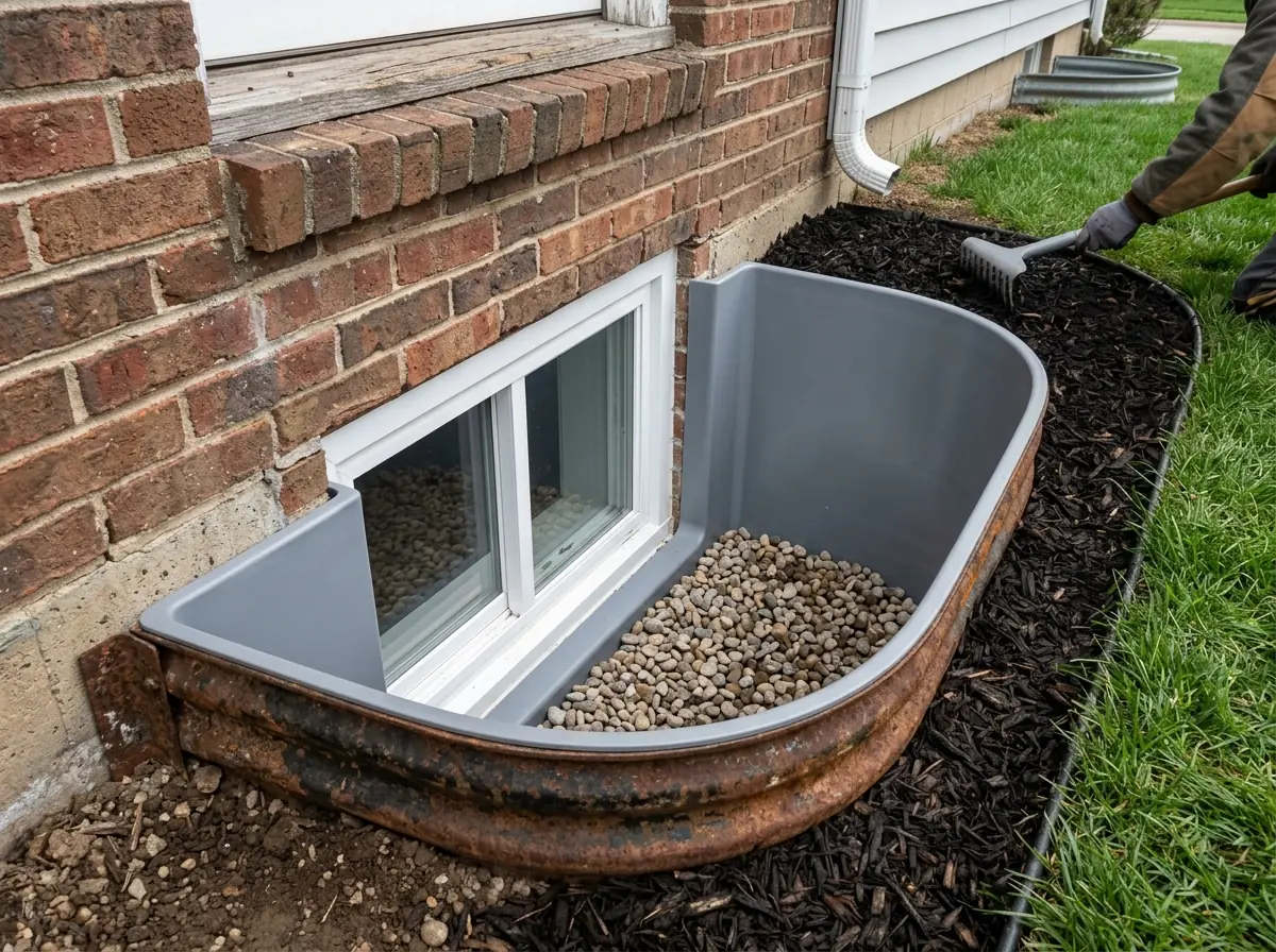 A rusted half-round steel window well beside a brick foundation next to a new gray composite well liner set inside it, with fresh gravel at the bottom