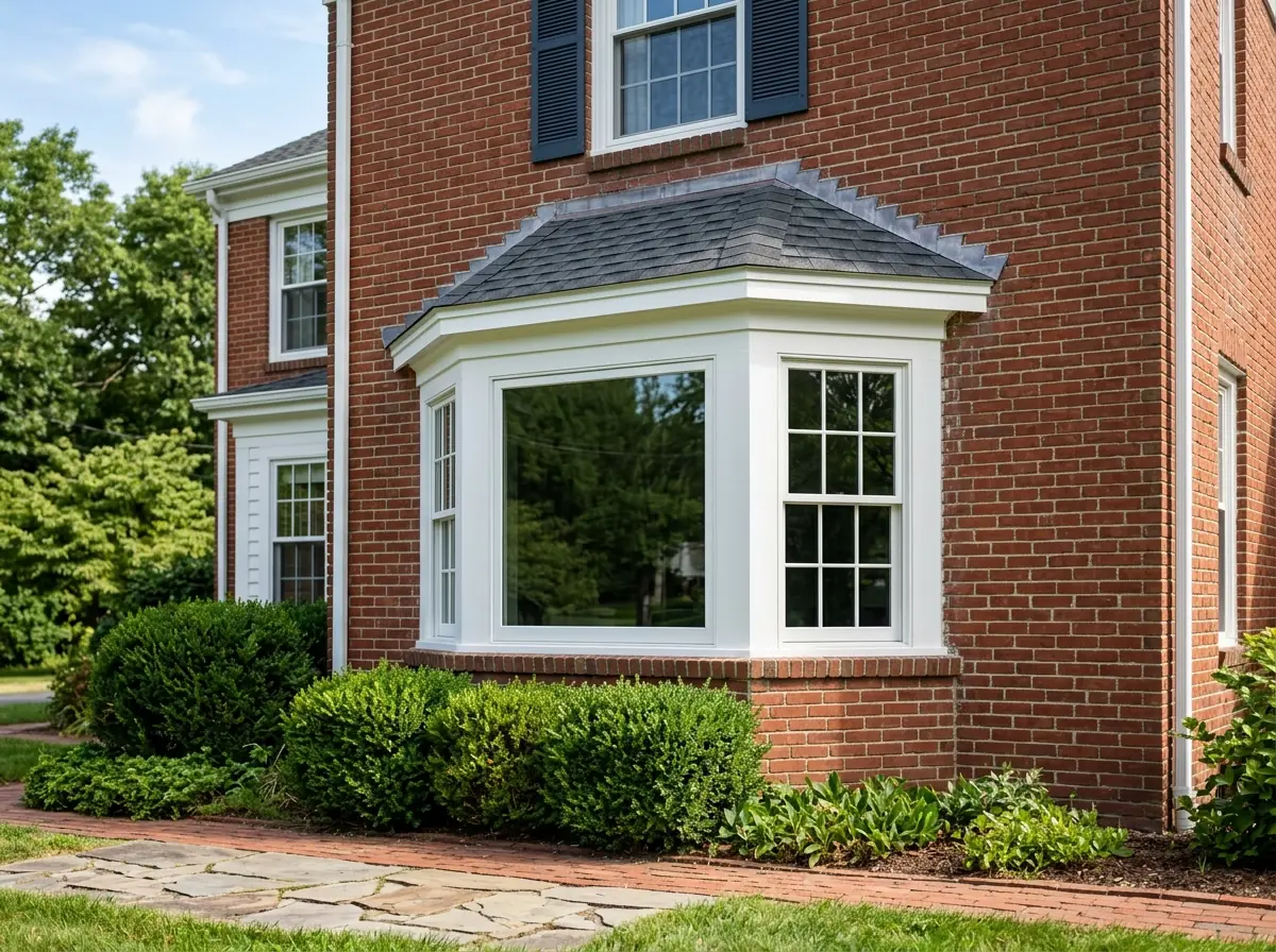 Three-unit canted bay window with angled double-hung sides and a wide fixed center, projecting from a red brick wall