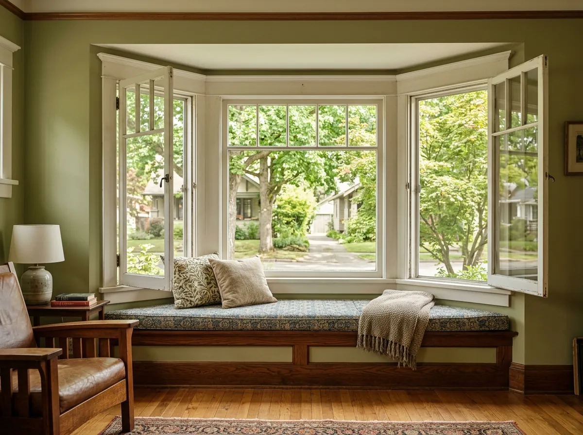 Bay window with a fixed center picture unit and two casement side windows cranked partly open
