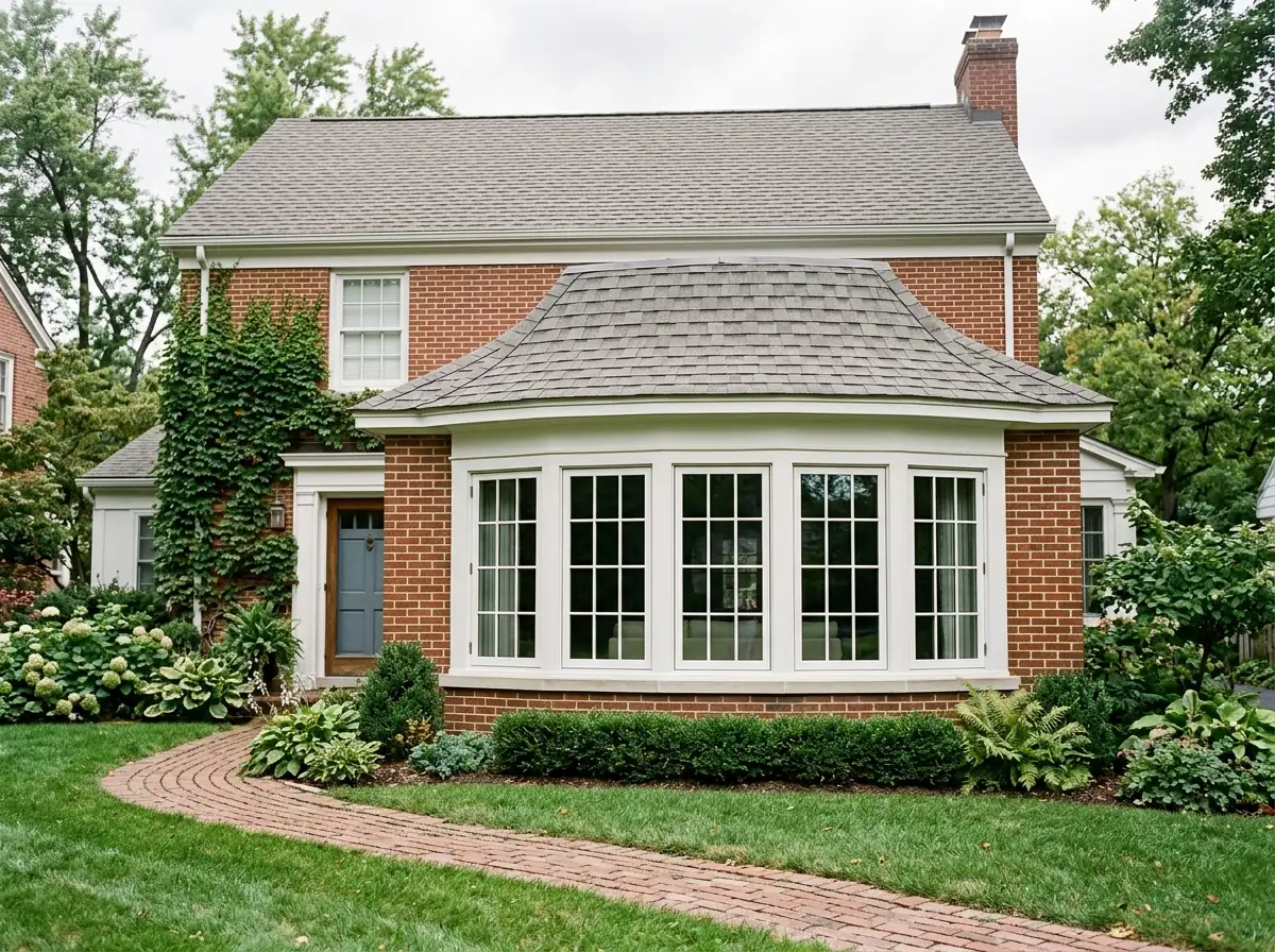 Five-unit bow window forming a gentle curve on the front of a two-story brick house, with a shingled roof above