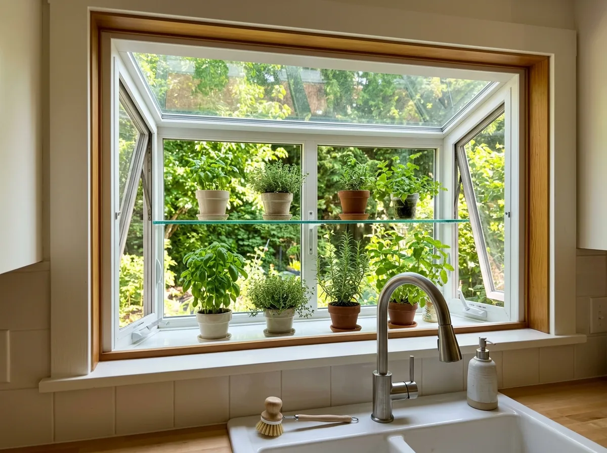 Small box-shaped garden window with glass shelves and herb pots projecting over a kitchen sink