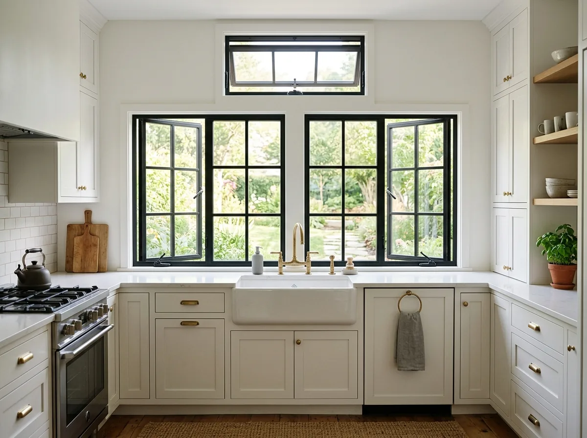 A kitchen with a pair of black-framed casement windows cranked open over a farmhouse sink and a small awning window hinged at the top above them
