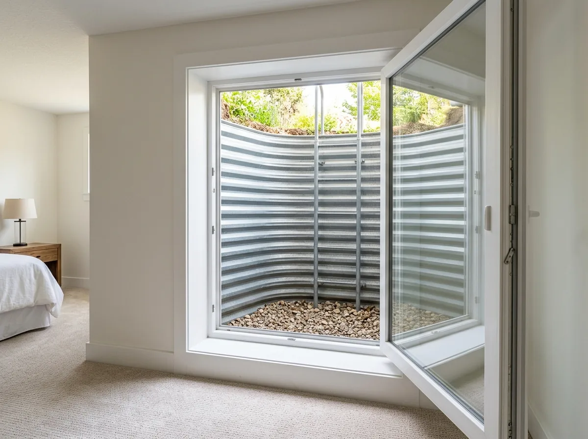 Large casement window swung fully open in a basement bedroom, showing a wide clear opening to a window well