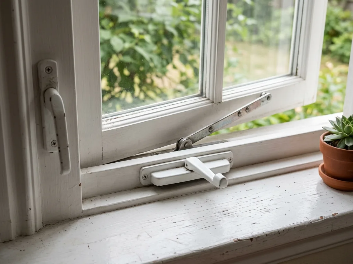 Close-up of a casement window sill showing a folding crank handle, the operator arm and a multipoint lock lever