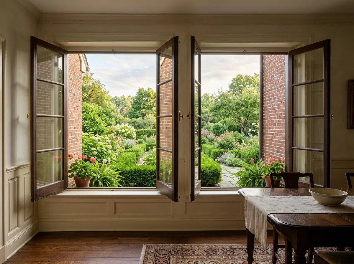 Pair of French casement windows opened outward from the middle with no post between them, in a dining room