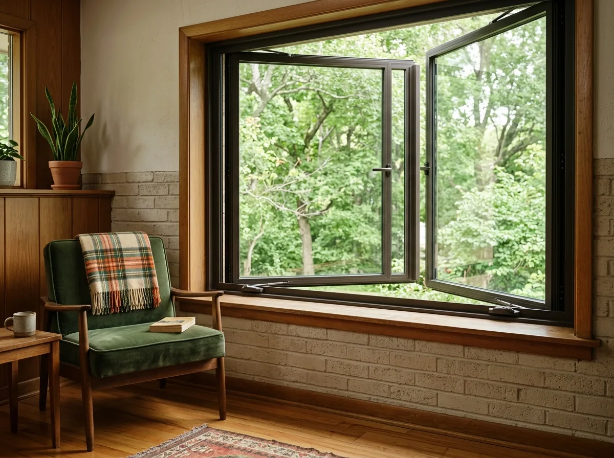 Push-out casement window opened with a lever handle in a living room with dark window frames