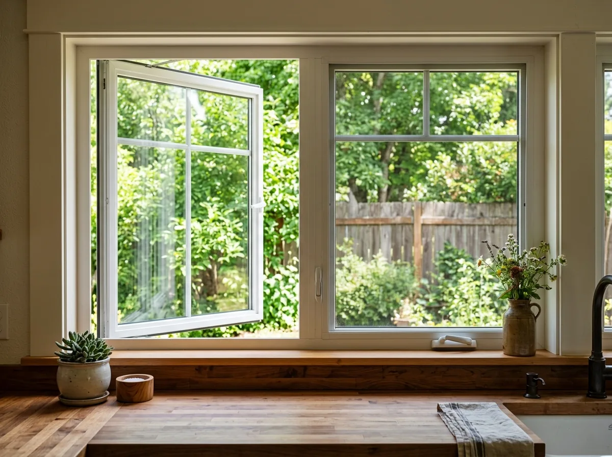 Single white casement window cranked open over a kitchen counter, the sash angled out toward a green yard