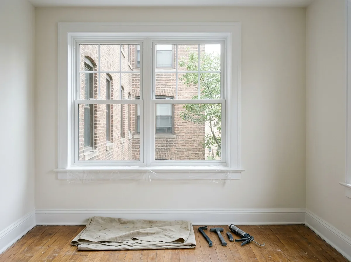 An empty apartment bedroom with a new white vinyl double-hung window installed in a painted plaster wall, protective film still on the sill, a drop cloth folded on the floor