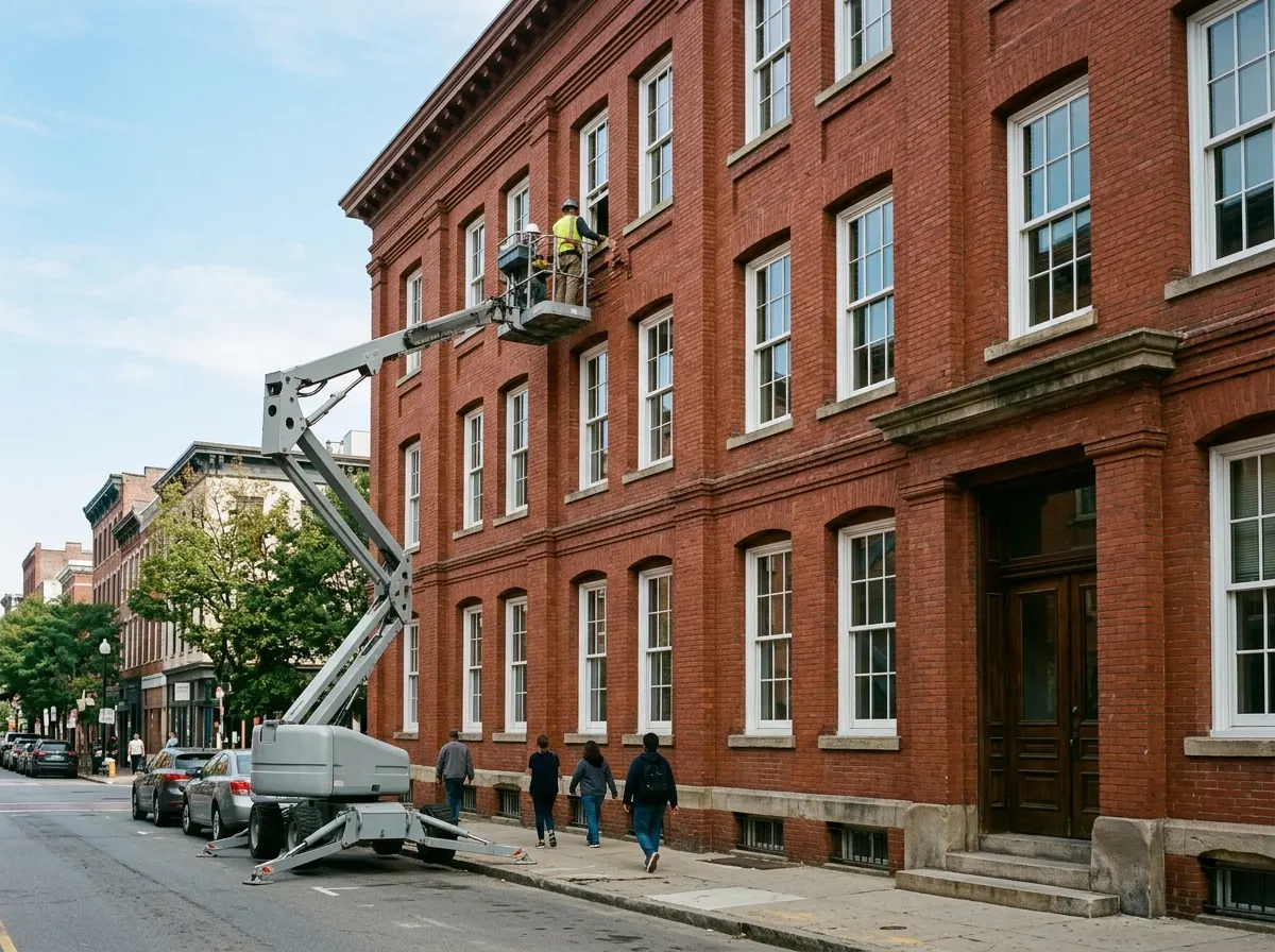A three-story red brick office building with rows of new white double-hung windows and a fixed transom over the entry, a boom lift parked at the curb
