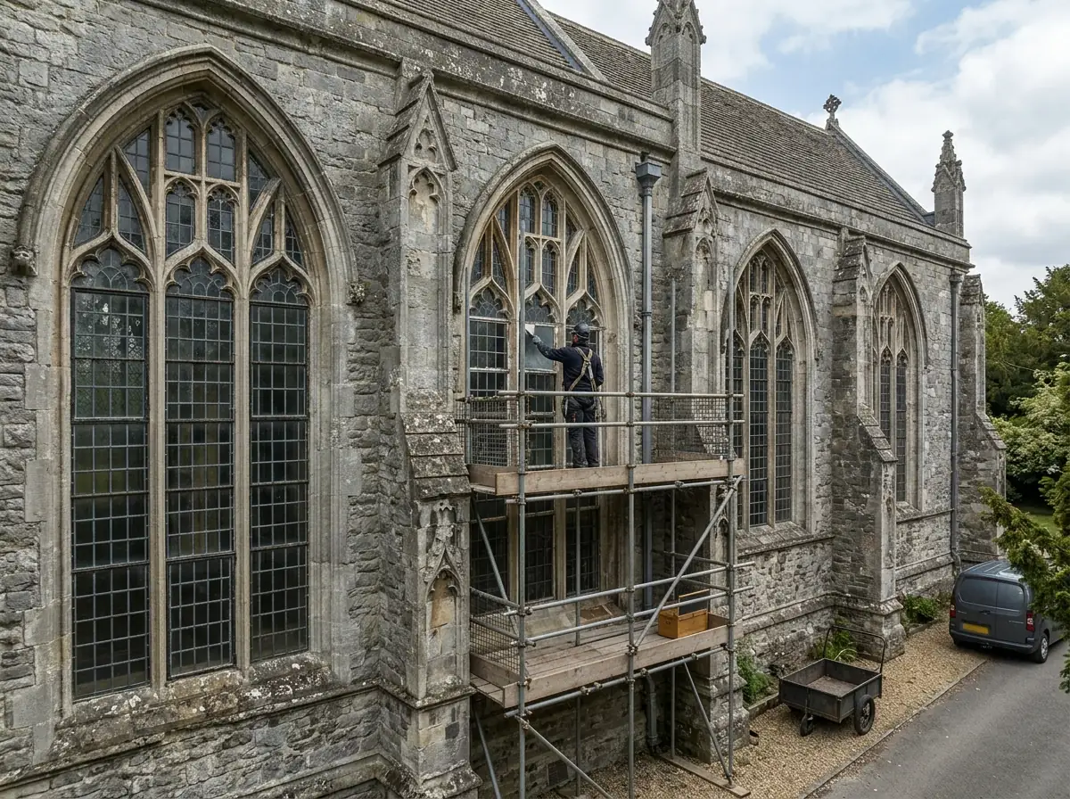 Tall arched steel-framed windows with many small panes on a stone church, one window covered in scaffolding while its frame is scraped and repainted