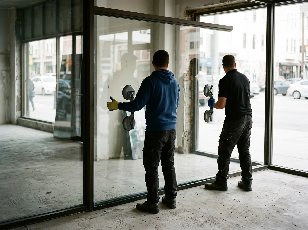 A new laminated glass lite being set into an aluminum storefront door frame by two gloved workers seen from behind, suction cups on the glass