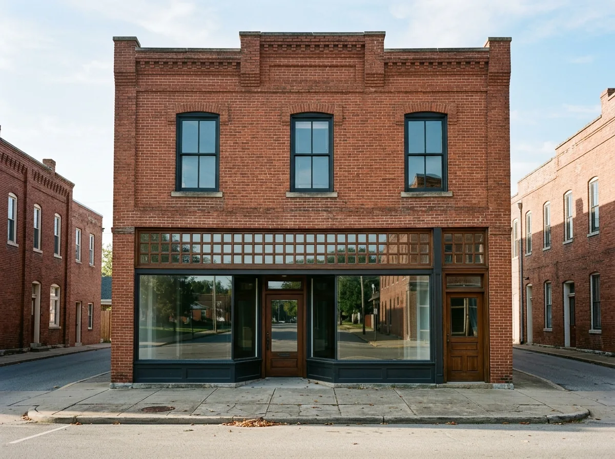 A two-story brick commercial building with a glass storefront at street level, a restored multi-lite transom above the display windows and tall double-hung windows on the second floor