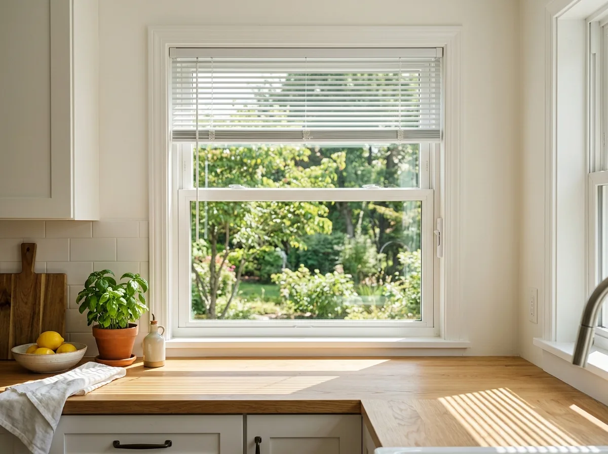 Double-hung window with a slim cordless blind sealed between the panes, half lowered, in a kitchen