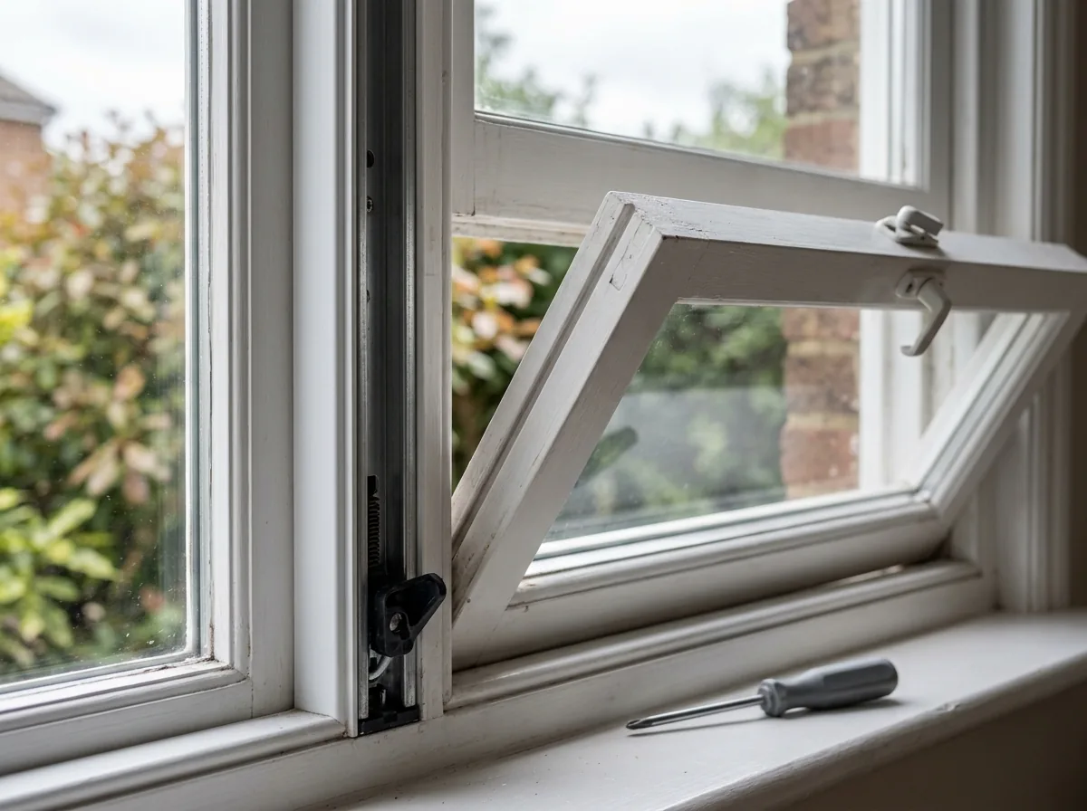 Close-up of the side jamb of a tilted double-hung sash showing the balance channel, pivot shoe and tilt latch