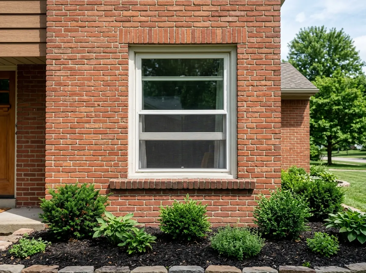 Single-hung window with the lower sash raised and the upper sash fixed, in a ground-floor room of a brick house