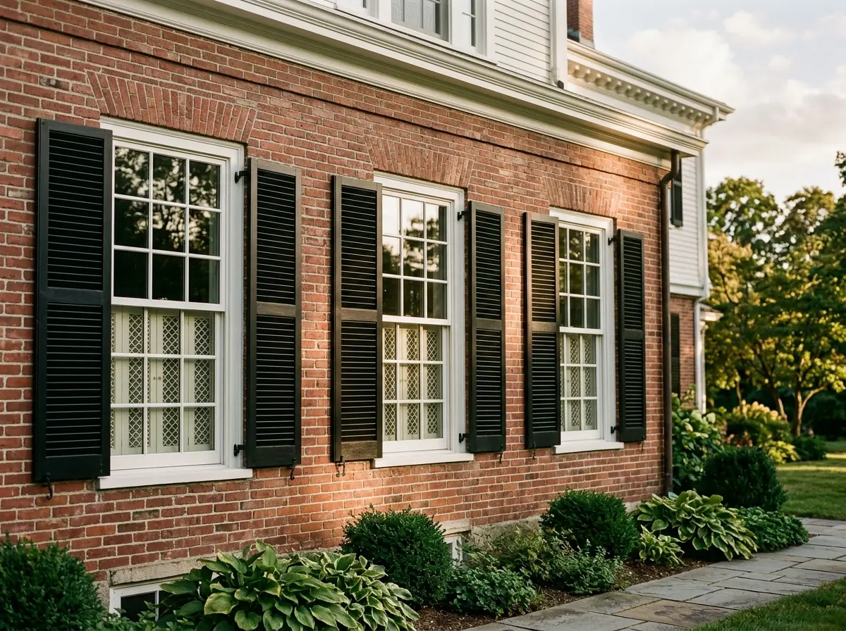 Six-over-six double-hung windows with simulated divided lite grilles on the front of a red brick Colonial house