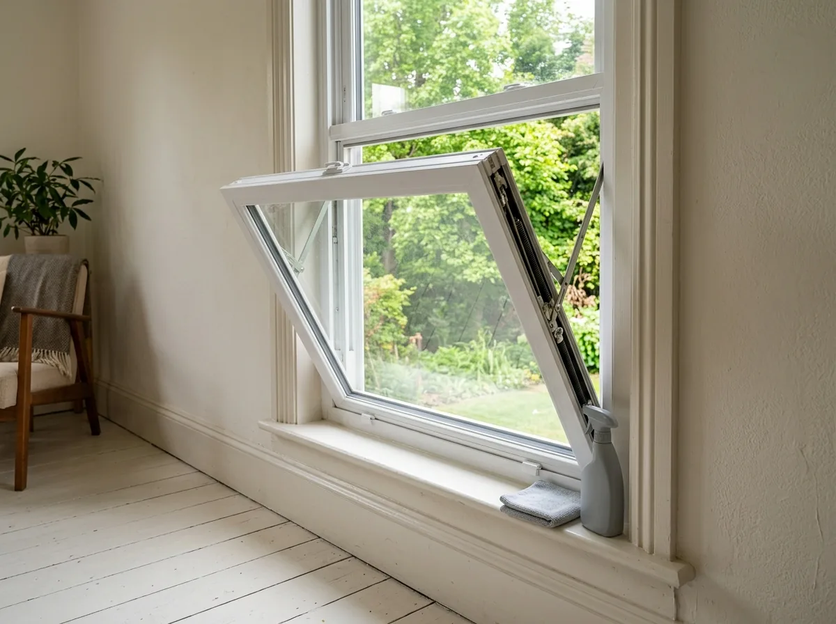 A white double-hung window in a bright room with the lower sash tilted inward, showing the balance channels in the side jambs