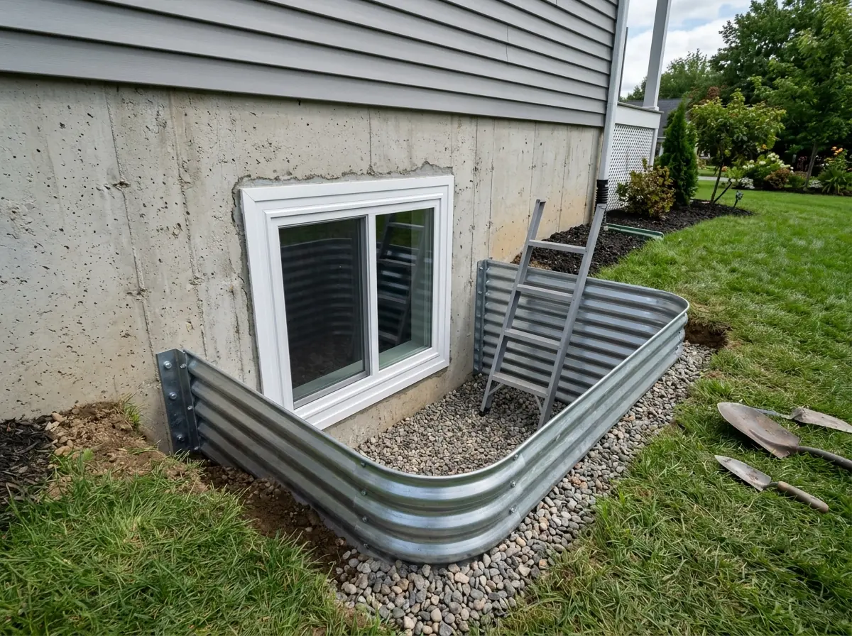 A new basement egress window in a poured concrete foundation wall with a corrugated steel window well, gravel floor and a ladder