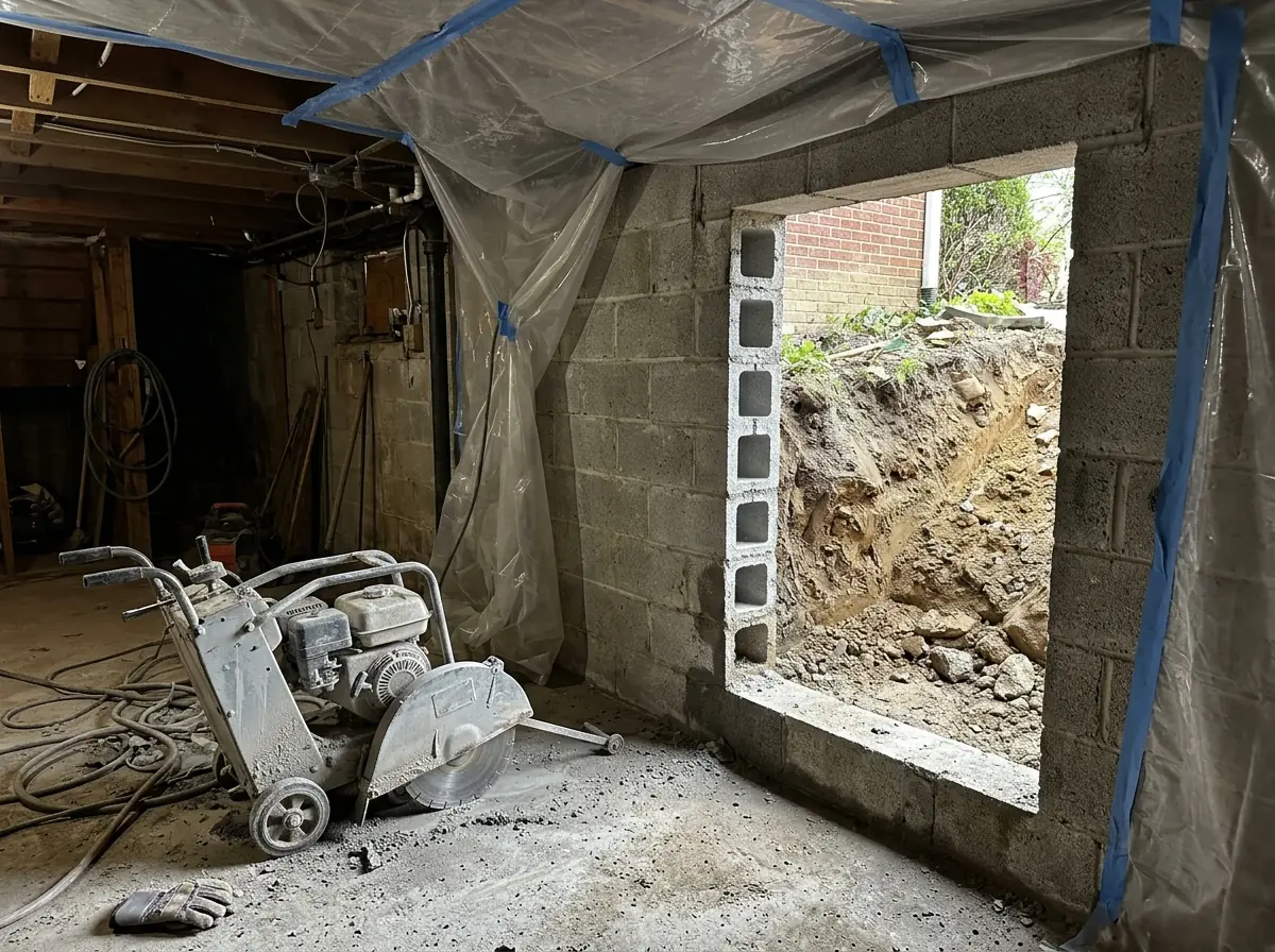 A gray concrete block basement wall with a freshly cut rectangular rough opening, a dust-covered saw on the floor and plastic sheeting taped around the work area