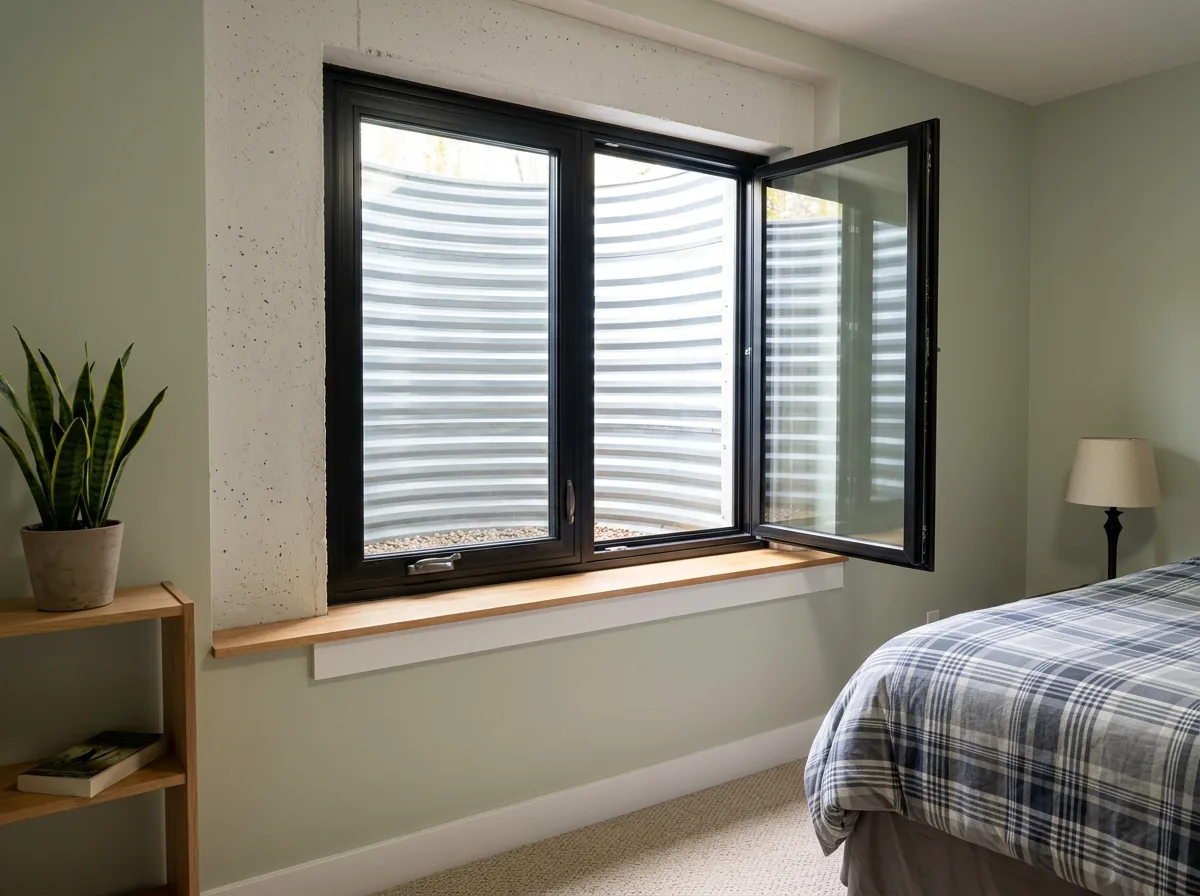 A black-framed casement window cranked fully open in a finished basement bedroom, with the side of a window well visible outside