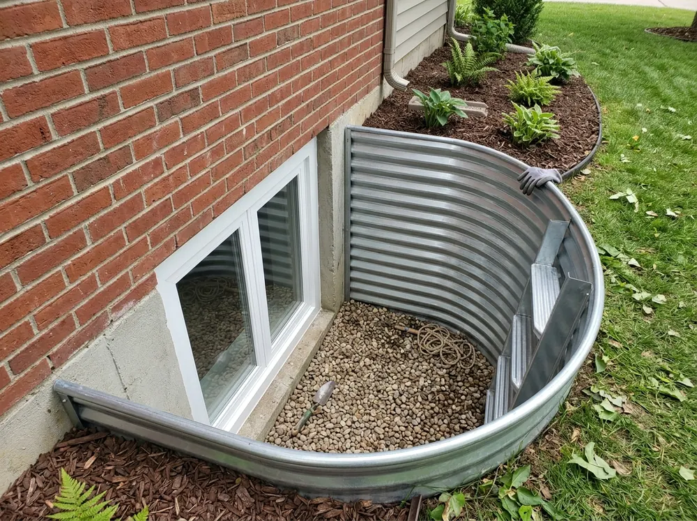 A corrugated galvanized steel window well outside a basement egress window, with a built-in step ladder on the well wall and pea gravel in the bottom