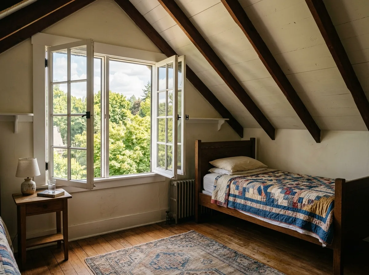 A tall white casement window in an upstairs bedroom with a low sill, open to a view of treetops, a twin bed against the side wall