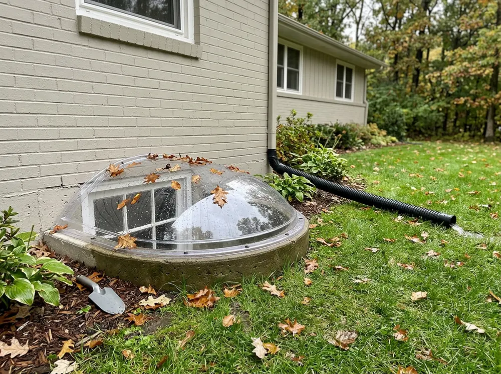 A clear domed polycarbonate cover over a basement window well beside a brick house, with a downspout extension routed away from it across the lawn