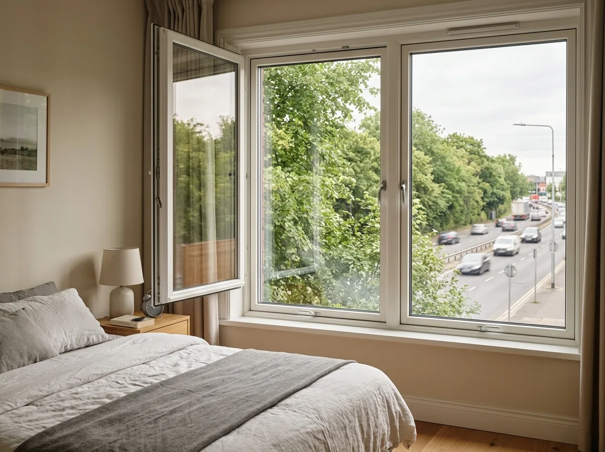 A double-pane window with laminated glass in a quiet bedroom, a busy four-lane road with traffic visible but muted beyond the trees outside