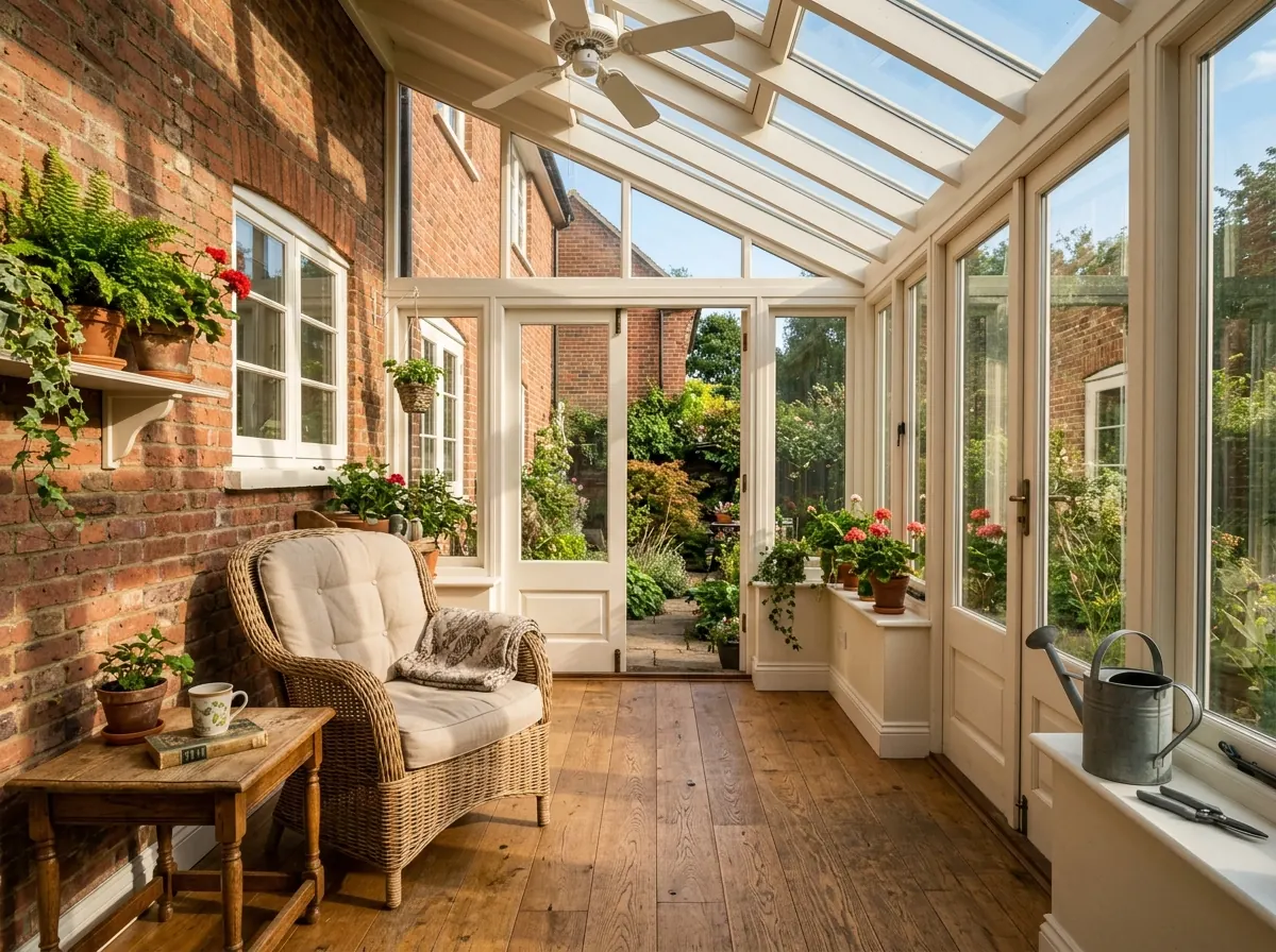 Afternoon sun falling through a large low-E window onto a wood floor in a bright sunroom, with only a faint tint visible in the glass