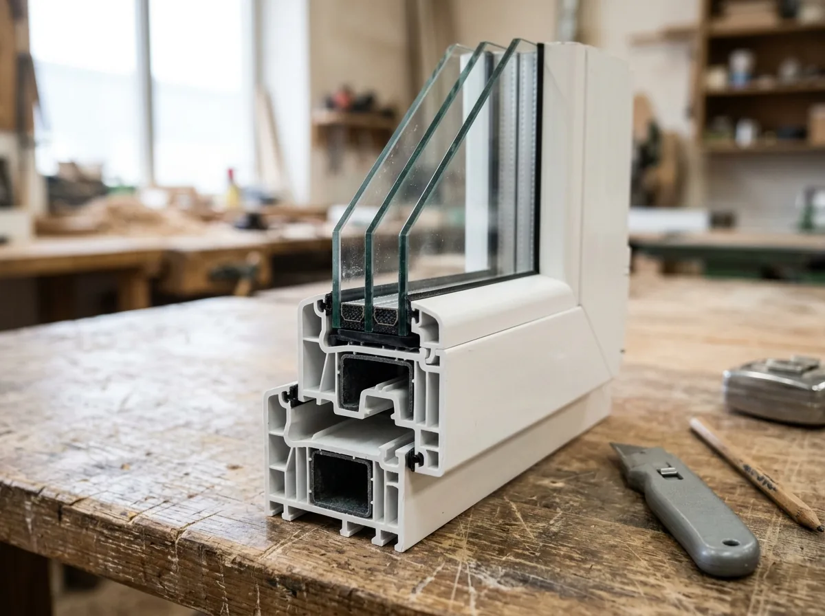 Cutaway corner of a triple-pane window showing three glass layers, two narrow gas-filled gaps and a thick frame