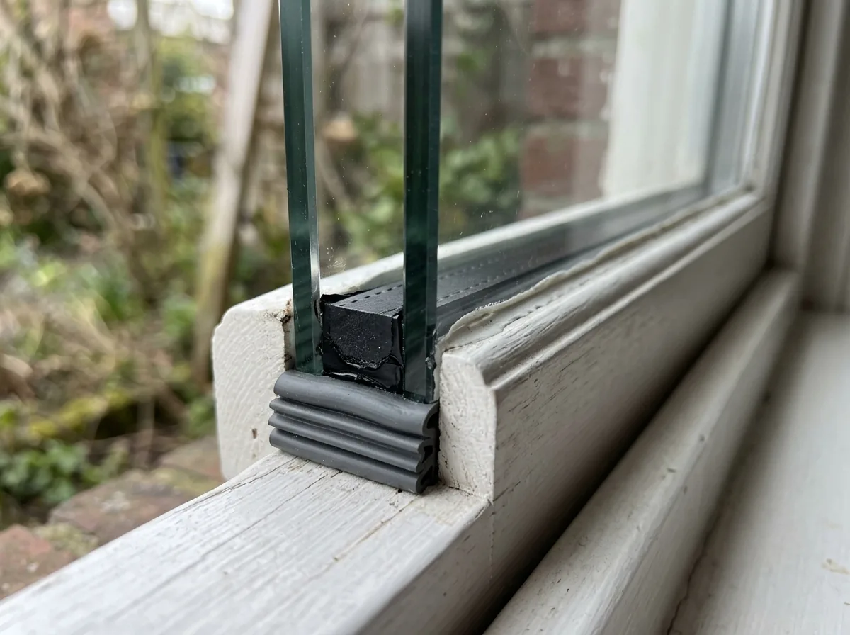 Close-up of the edge of an insulated window showing a black non-metal warm-edge spacer strip between two panes and the compression weatherstrip on the frame