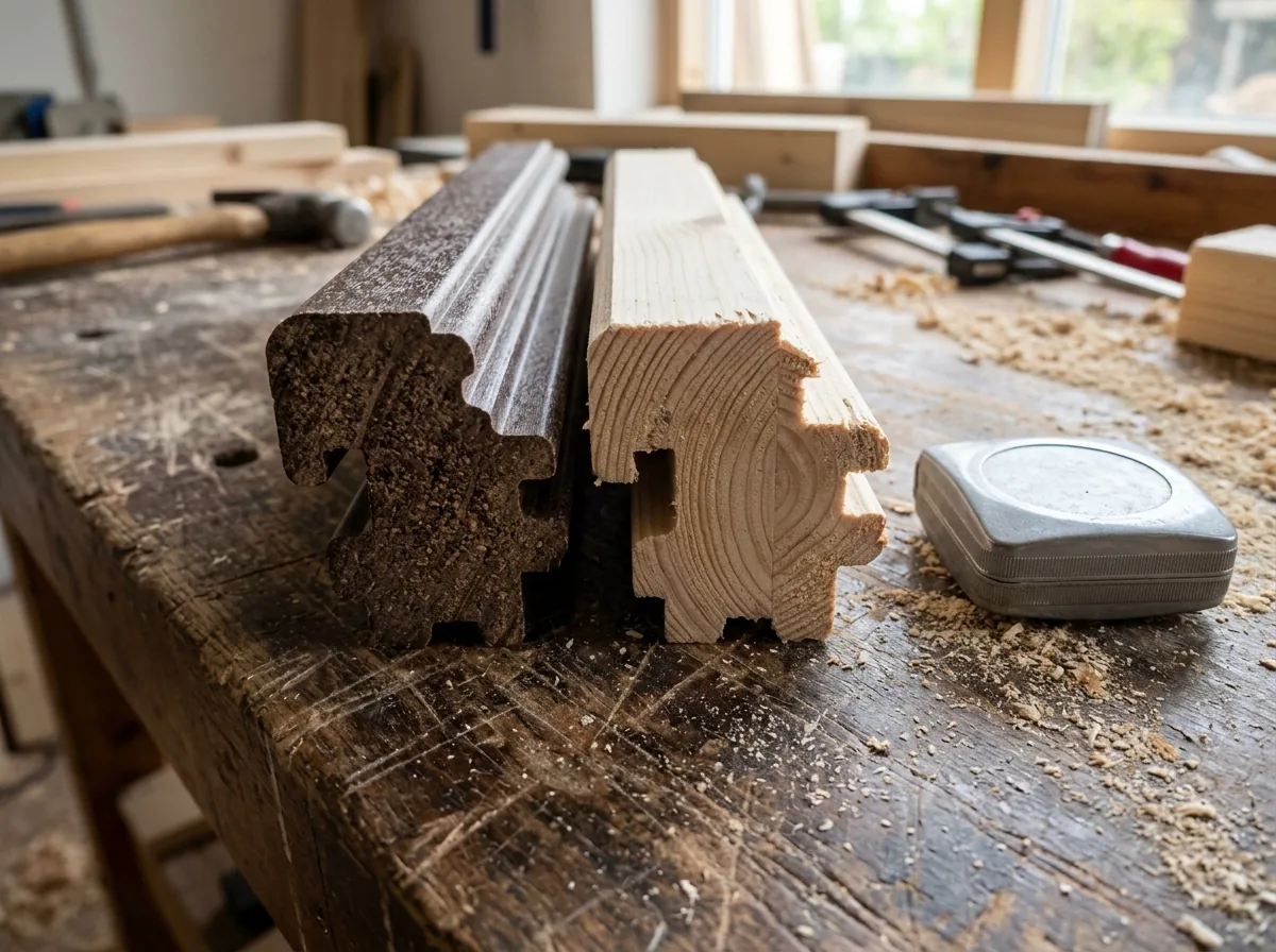 The cut end of a brown wood-fiber composite window frame next to a pine frame section on a workbench, both showing similar profiles