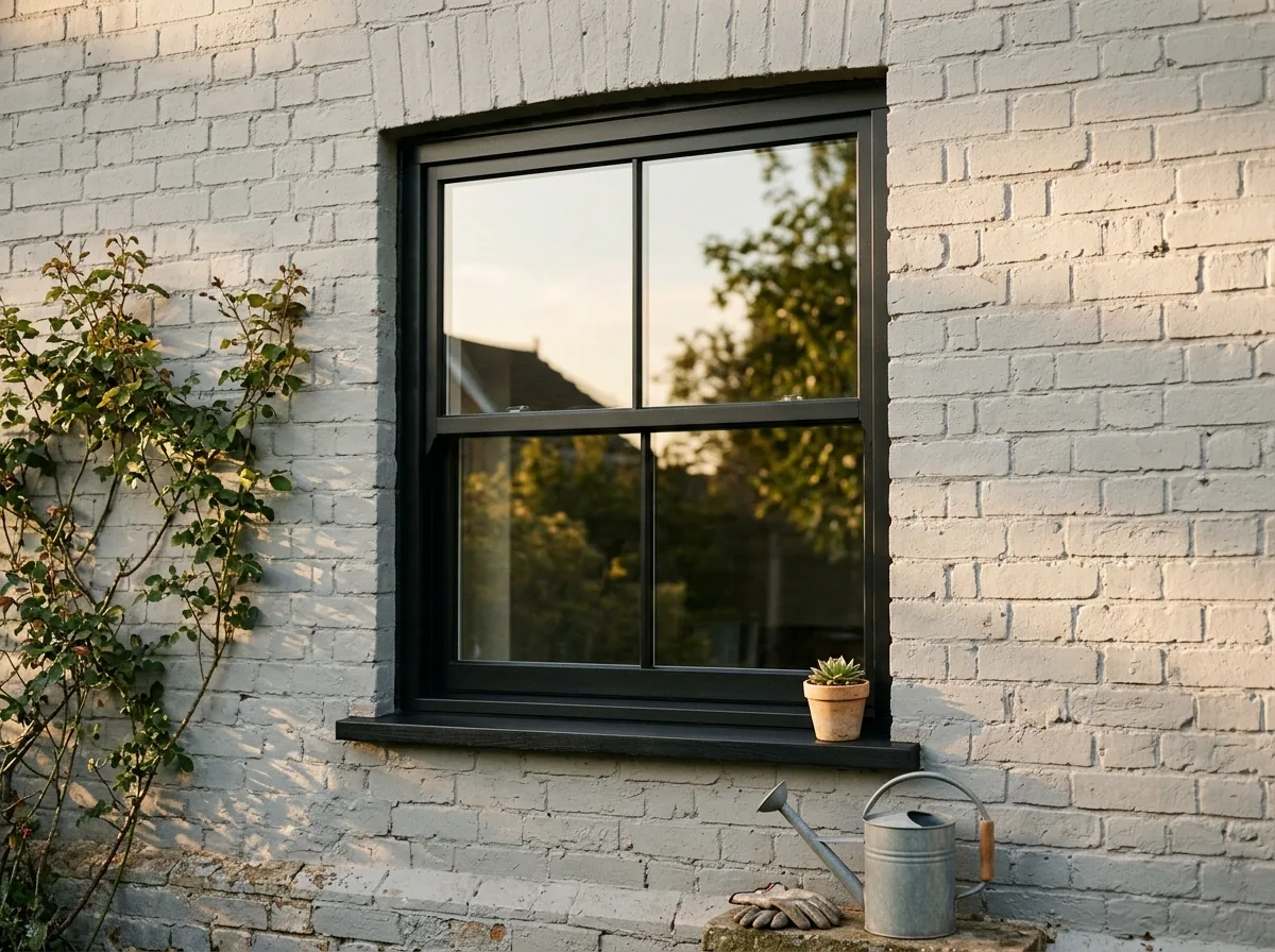 A black fiberglass double-hung window with a matte factory finish set in a pale gray painted brick wall in afternoon sun