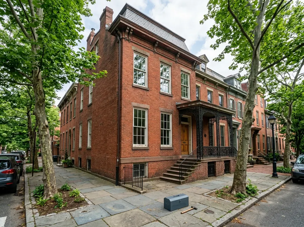 Tall white fiberglass double-hung windows with slim frames and six-over-six grilles on the front of a three-story brick rowhouse