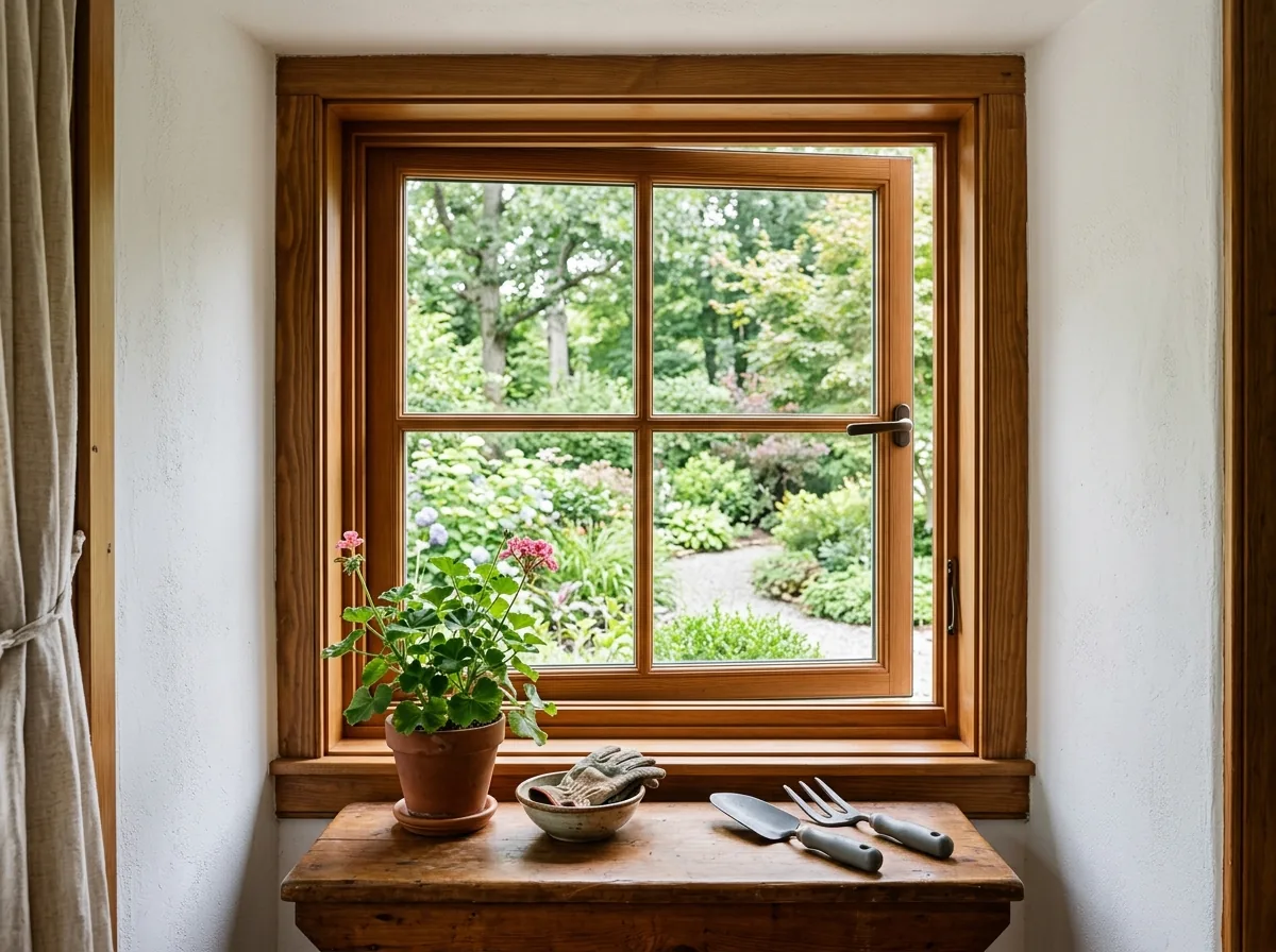 Inside view of a fiberglass casement window with a warm stained pine interior frame and sash, set in a white-painted plaster wall
