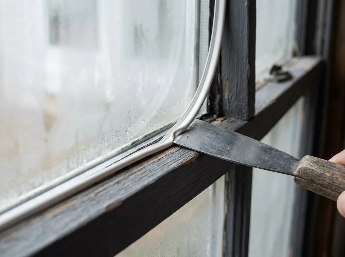Close-up of a putty knife easing a white vinyl glazing bead out of a window sash, the edge of a fogged glass unit visible underneath
