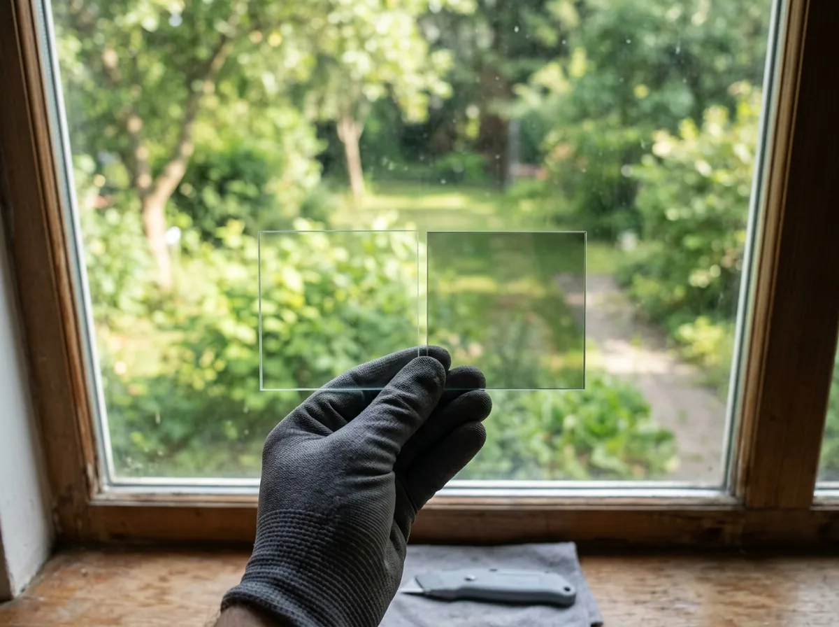 Two glass samples held up to a window by a gloved hand, one clear and one with a faint neutral low-E tint, to compare color