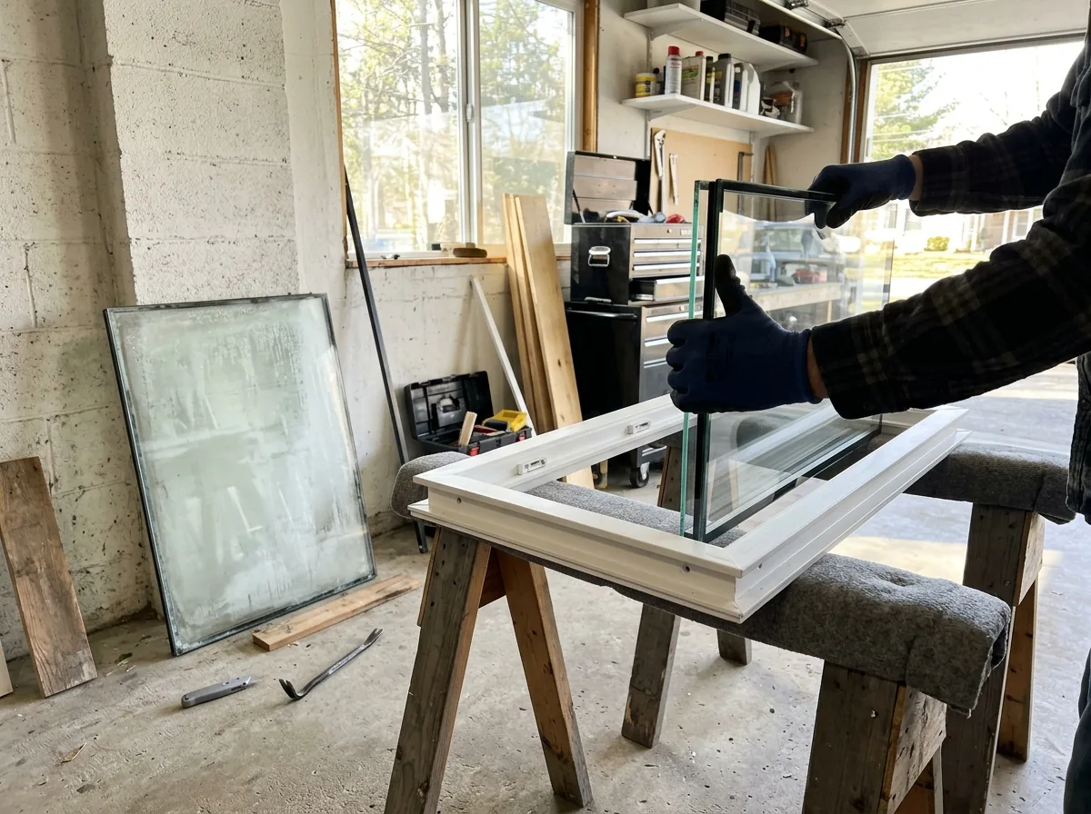Gloved hands lowering a new clear double-pane glass unit into a white window sash laid flat on padded sawhorses, a fogged old unit leaning nearby
