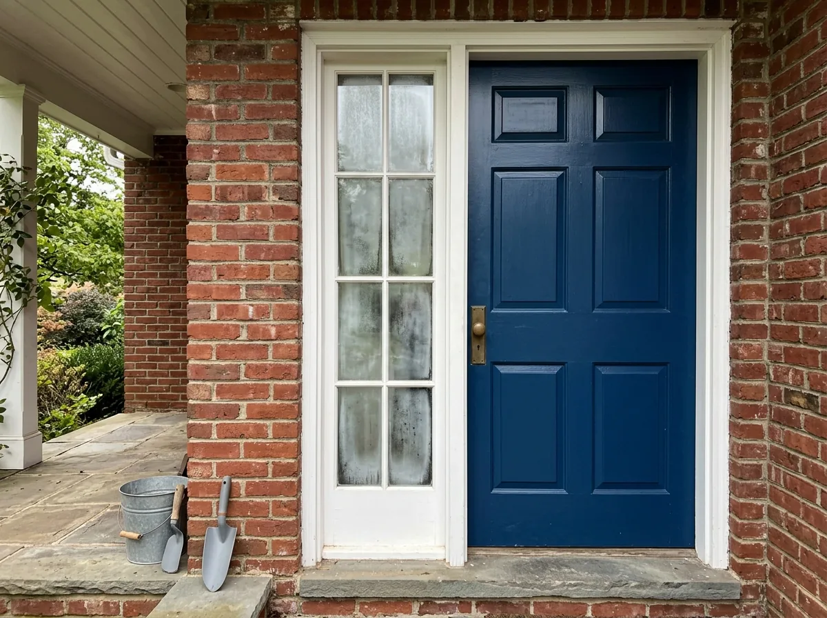 A fogged narrow glass sidelite next to a painted front entry door on a brick house, the door's brass handle a few inches away