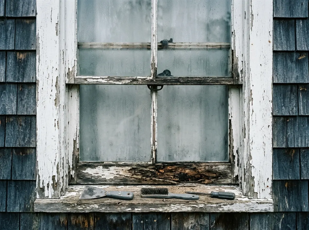 An old white double-hung window with fogged glass in both sashes, peeling paint and a dark soft patch on the lower rail