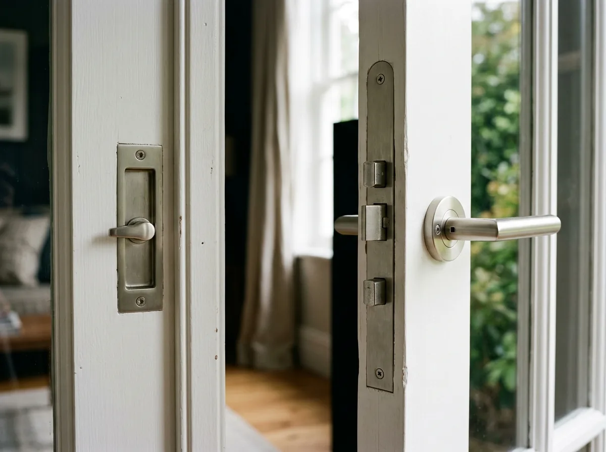 Close-up of the meeting edges of a French door pair showing the astragal strip, a tall multipoint lock with three bolts and a lever handle