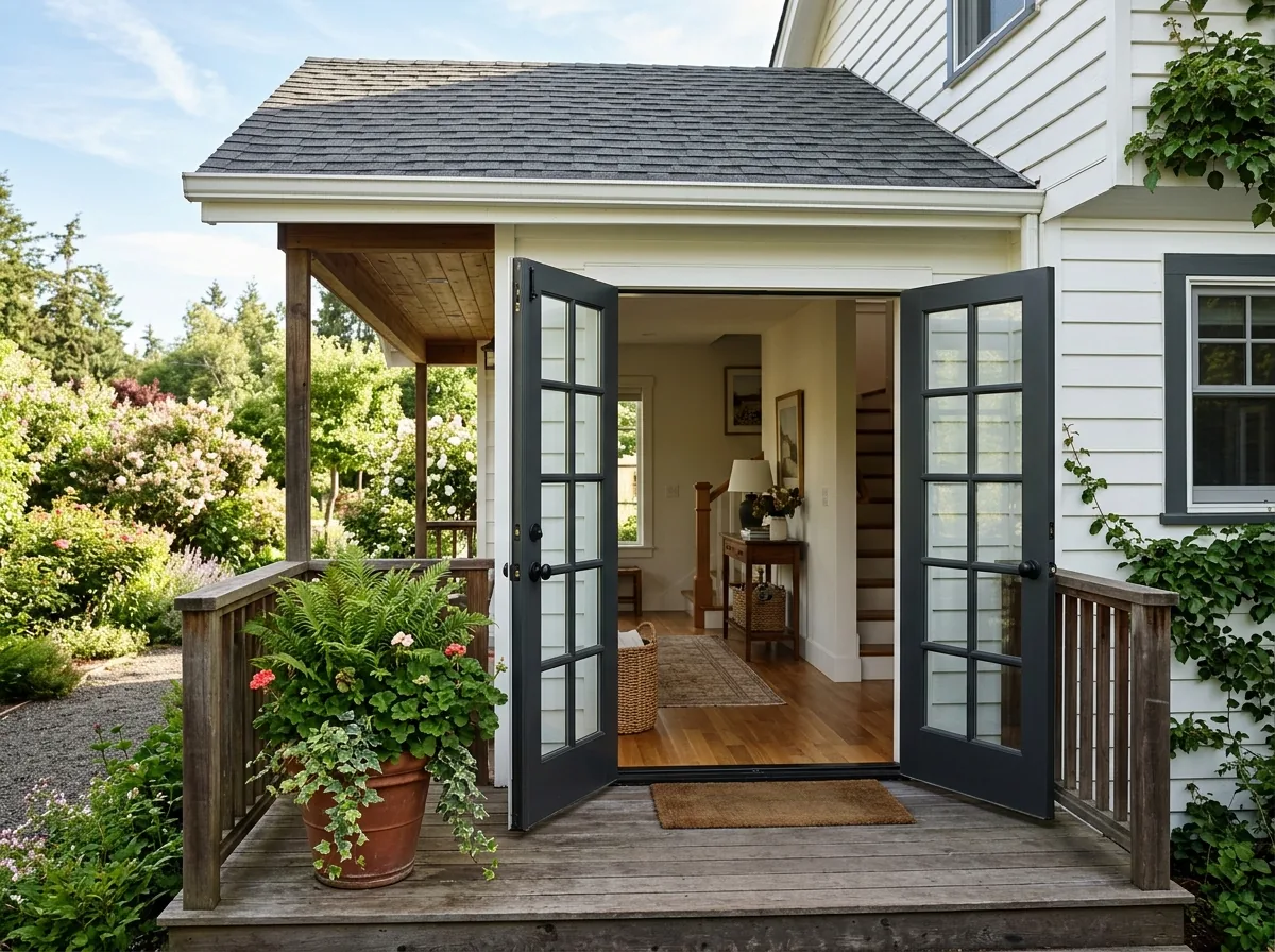 A pair of dark-painted out-swing French doors swung open onto a small covered porch on a white-painted wood house