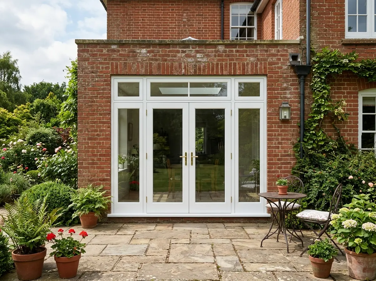 A pair of French doors with full-height glass sidelites on both sides and a rectangular transom above, set in a red brick wall